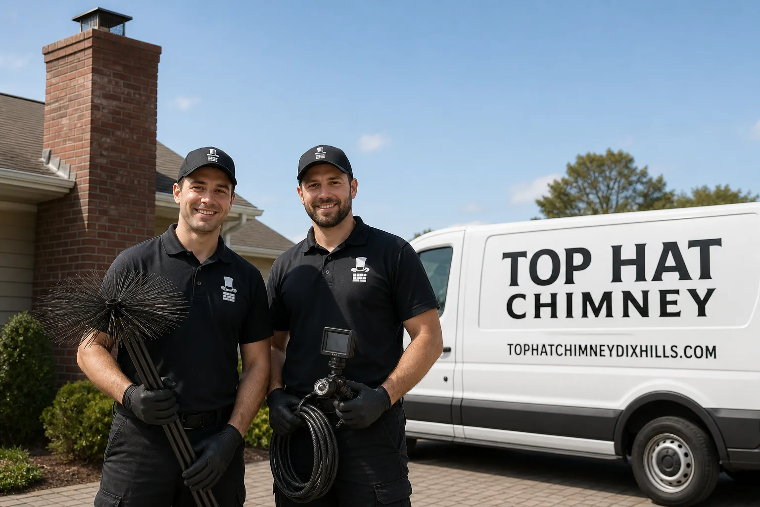 Top Hat Chimney chimney cleaning service vehicle and crew in Dix Hills, NY